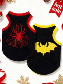 LUCKIE LABO 2pcs/Set Polyester Spider & Bat Print Anti-Flea Anti-Shedding Breathable Pet Vest Jacket, Suitable For Cats And Dogs Indoor And Outdoor Use