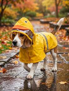 PETSIN Hooded Waterproof Dog Rain Coat With Transparent Visor And Reflective Strips, Cute Duck, Frog, Shark Designs, Suitable For Outdoor Walking And Rainy Days