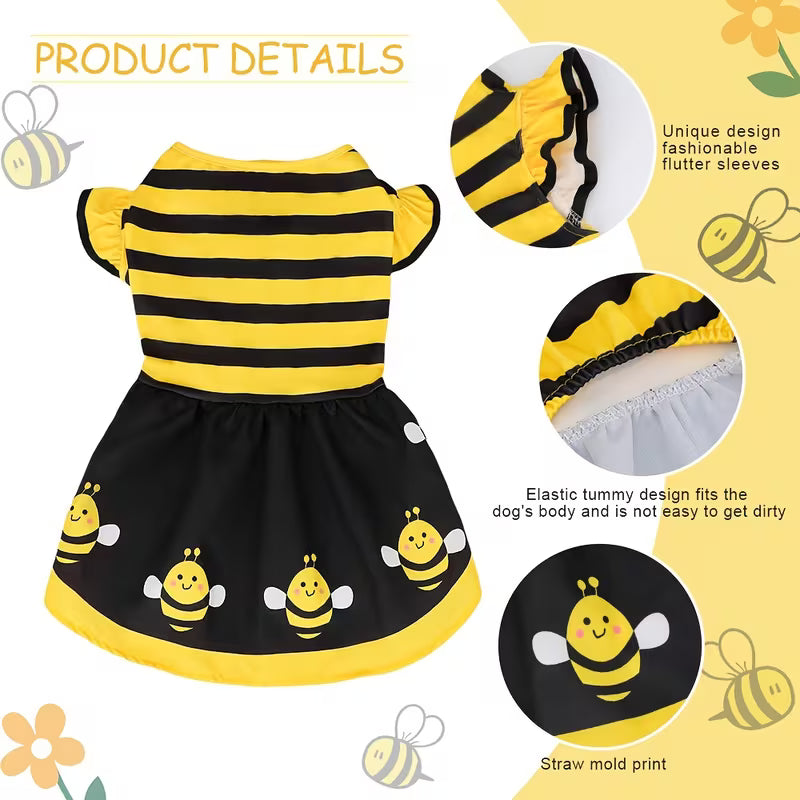 1pc of cute bee striped printed pet dog dress with small fly sleeves, suitable for small/medium-sized dogs and cats to use in summer