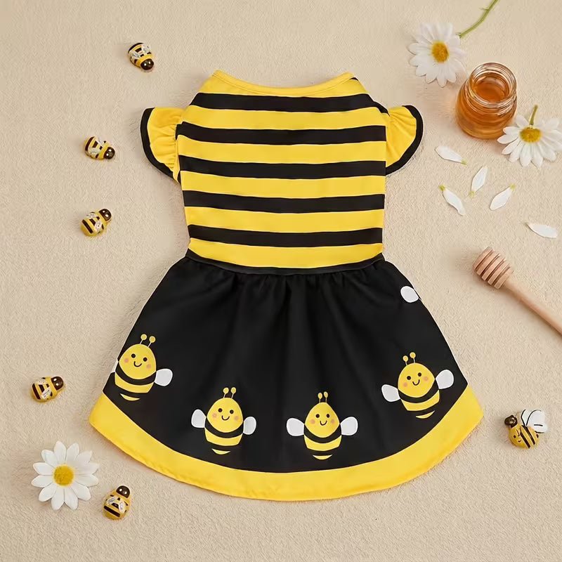 1pc of cute bee striped printed pet dog dress with small fly sleeves, suitable for small/medium-sized dogs and cats to use in summer