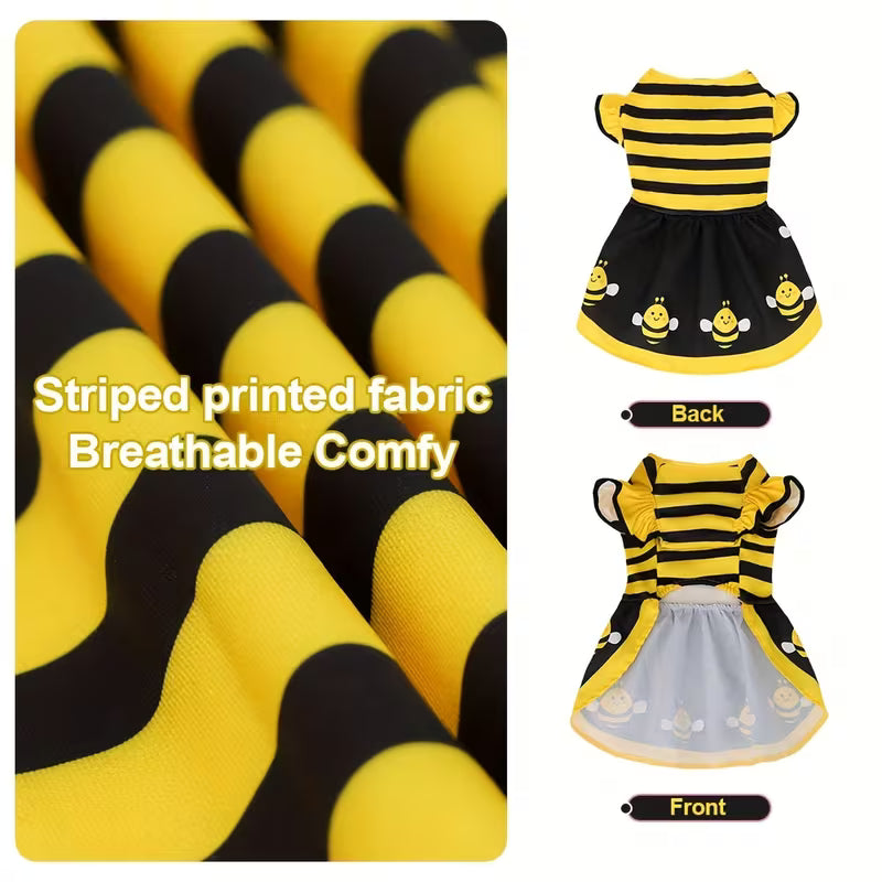 1pc of cute bee striped printed pet dog dress with small fly sleeves, suitable for small/medium-sized dogs and cats to use in summer