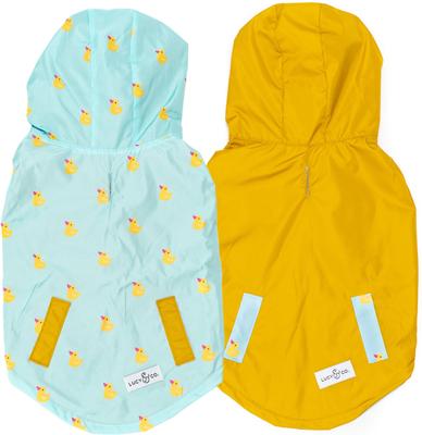 Lucy & Co. The Lucky Ducky Reversible Waterproof Dog Raincoat, Blue/Yellow, Medium