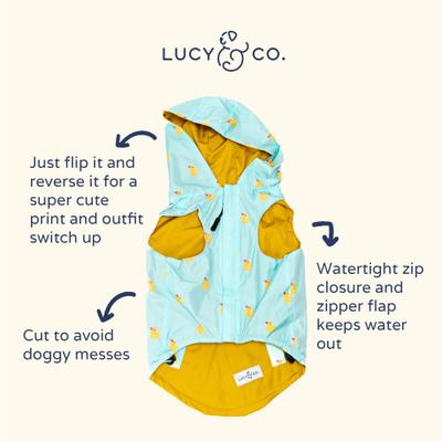 Lucy & Co. The Lucky Ducky Reversible Waterproof Dog Raincoat, Blue/Yellow, Medium