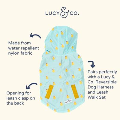 Lucy & Co. The Lucky Ducky Reversible Waterproof Dog Raincoat, Blue/Yellow, Medium
